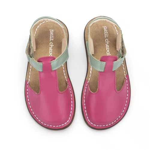 Sandália Balanço Couro Rosa Pink e Mint Petit Cheval