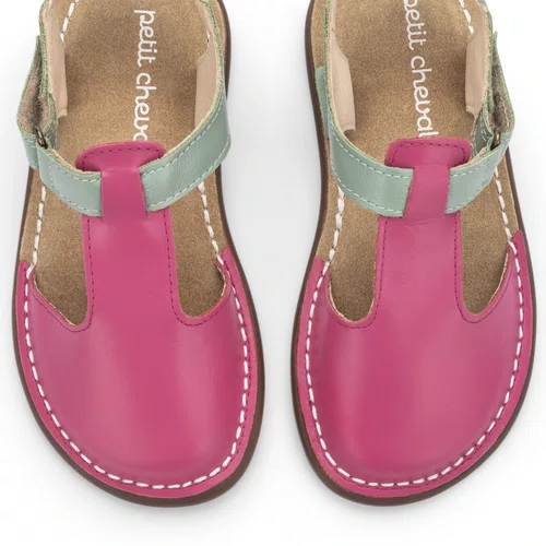 Sandália Balanço Couro Rosa Pink e Mint Petit Cheval
