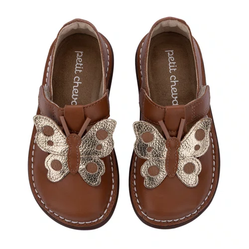 Sapato Colegial Borboleta Nut e Dourado Petit Cheval