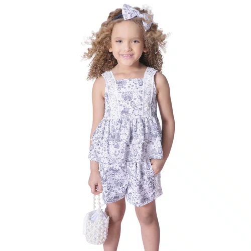 Short Algodão Renda Bordada Toile de Jouy Sereia Pituchinhus