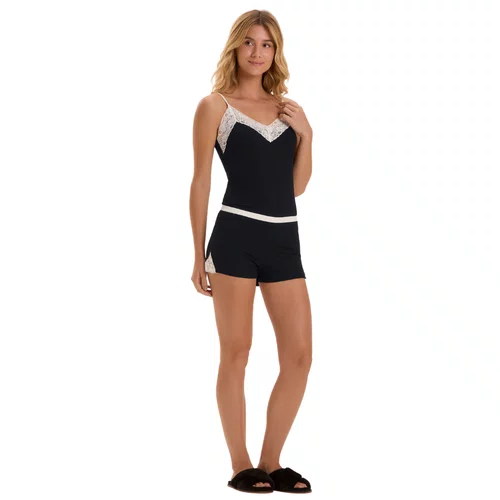 Short Doll Alcinha Preto Renda Branca Cor Com Amor