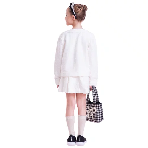 Short Saia Boucle Pregas Bordado Off White Pituchinhus