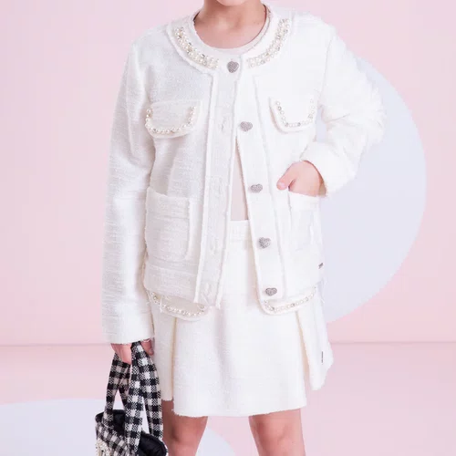 Short Saia Boucle Pregas Bordado Off White Pituchinhus