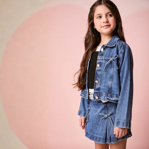 Short Saia Jeans Lacinhos Azul Escuro Momi