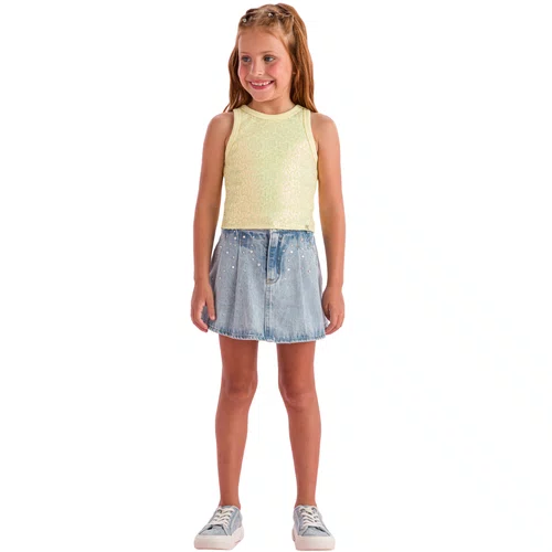 Short Saia Jeans Strass Plissado Petit Cherie