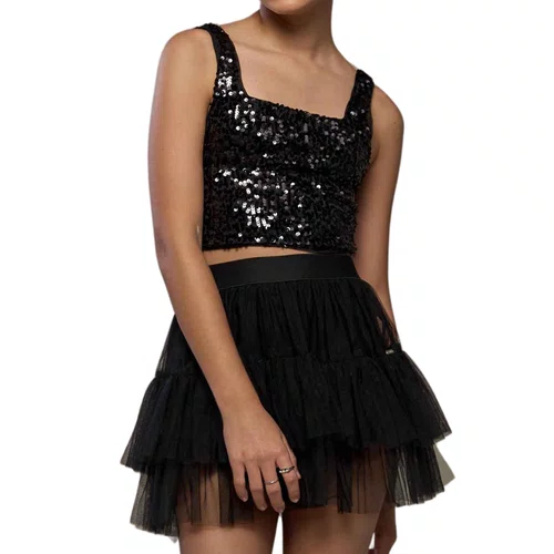 Short Saia Tule Babados Preto Vanilla Cream
