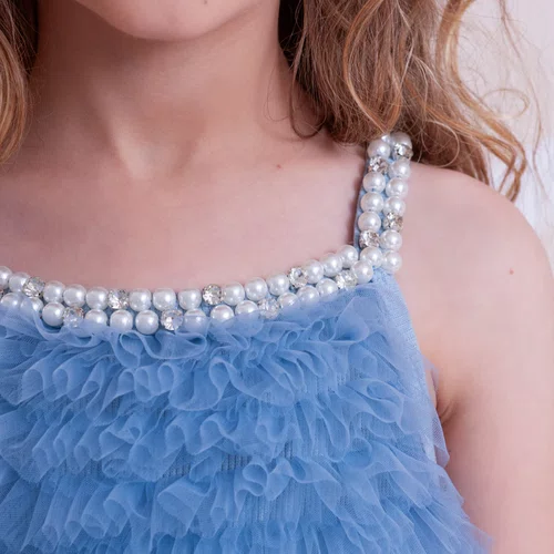Vestido Alça Conceito Babadinhos Tule Bordados Azul Pituchinhus