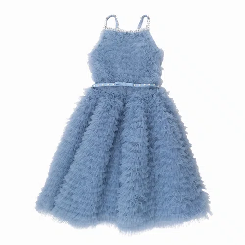 Vestido Alça Conceito Babadinhos Tule Bordados Azul Pituchinhus