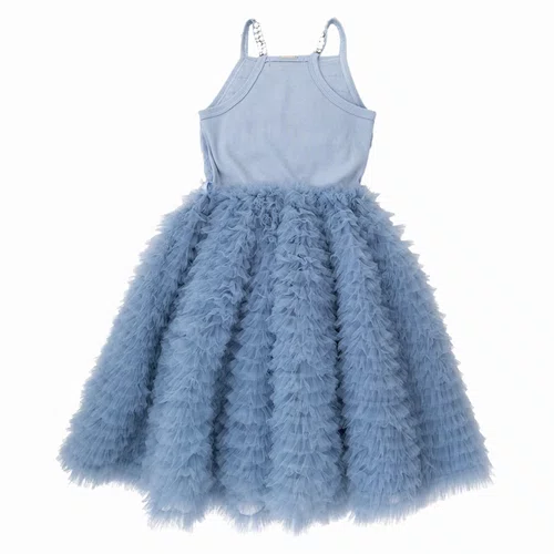 Vestido Alça Conceito Babadinhos Tule Bordados Azul Pituchinhus