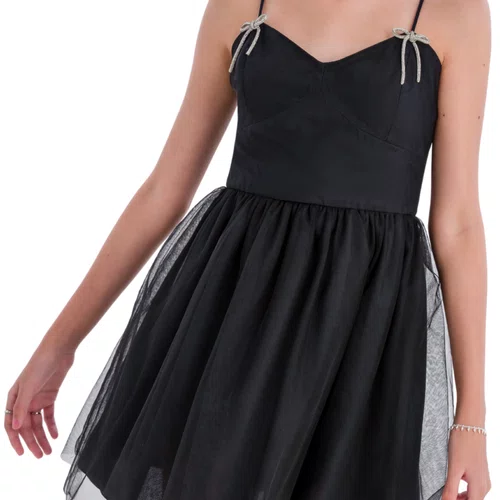 Vestido Alça Tule Lacinhos Strass Preto Vanilla
