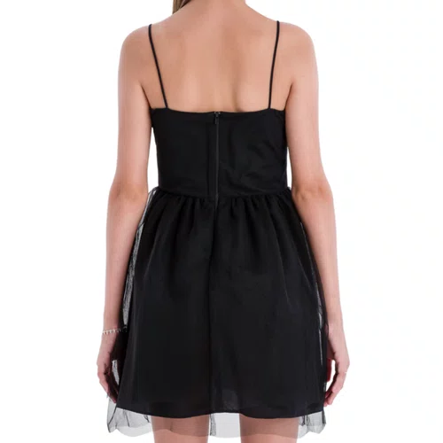 Vestido Alça Tule Lacinhos Strass Preto Vanilla