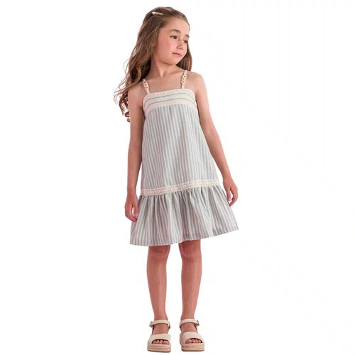 Vestido Alcinha Linho Listras Cru Azul Petit Cherie