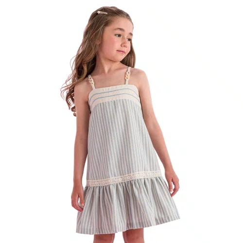 Vestido Alcinha Linho Listras Cru Azul Petit Cherie