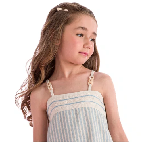 Vestido Alcinha Linho Listras Cru Azul Petit Cherie