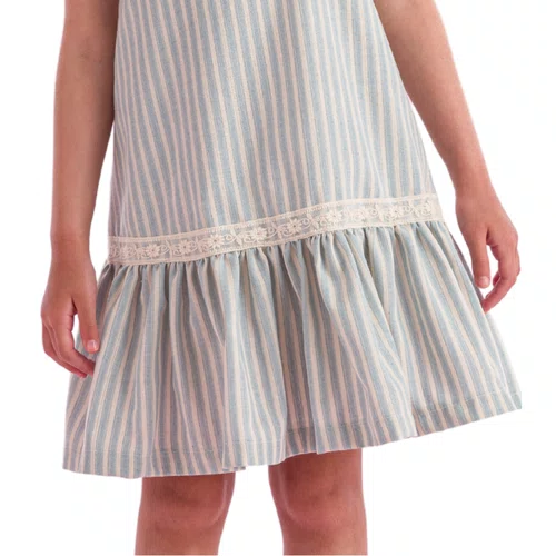Vestido Alcinha Linho Listras Cru Azul Petit Cherie