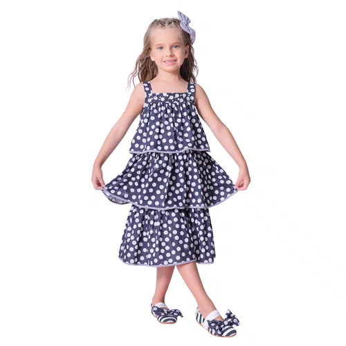 Vestido Algodão Babados Poas Marinho Pituchinhus