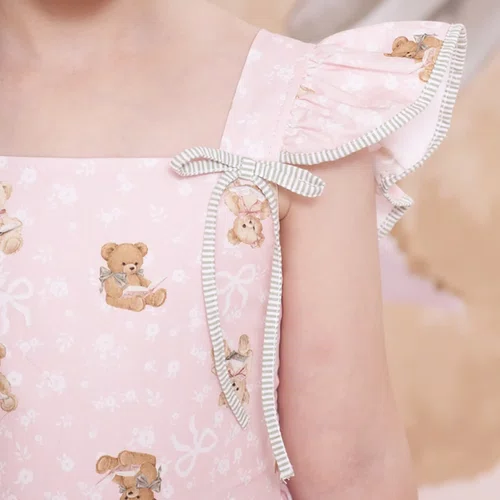 Vestido Algodão Estampa Ursinhas Livros Babados Pituchinhus