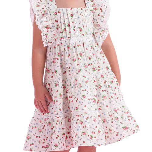 Vestido Algodão Flores e Morangos Branco Petit Cherie