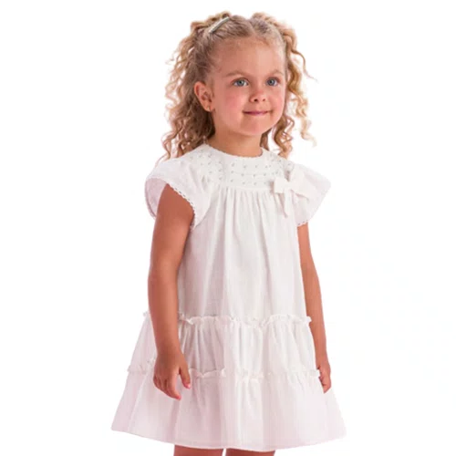 Vestido Algodão Off White Pala Bordada Pérolas Petit Cherie