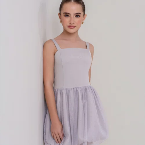 Vestido Balone Tule Brilhos Cinza Claro Vanilla