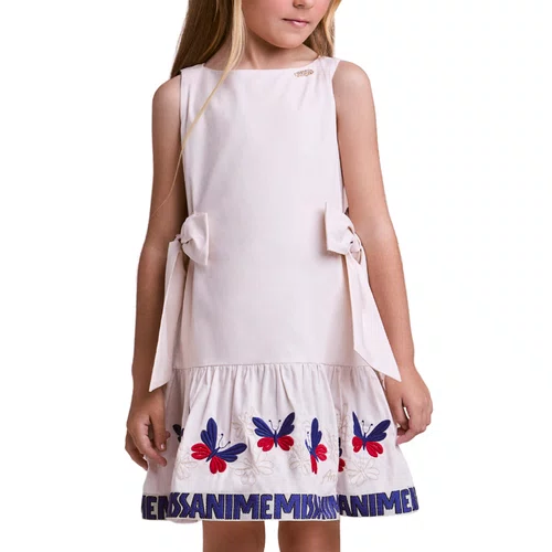 Vestido Bege Bordado Barrado Borboletas Anime