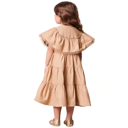 Vestido Bordado Bege Khaki Floral Anime