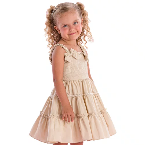 Vestido Bordado Corações Bege Alça Frufru Petit Cherie