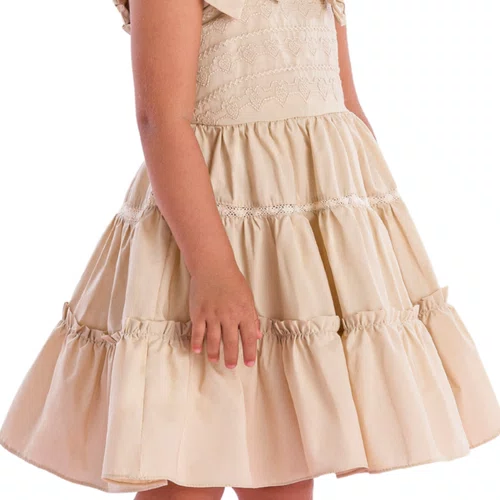 Vestido Bordado Corações Bege Alça Frufru Petit Cherie