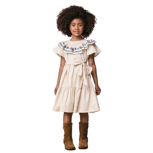 Vestido Bordado Flores e Cerejas Bege Vanilla Momi