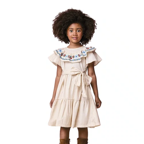 Vestido Bordado Flores e Cerejas Bege Vanilla Momi