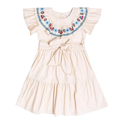 Vestido Bordado Flores e Cerejas Bege Vanilla Momi