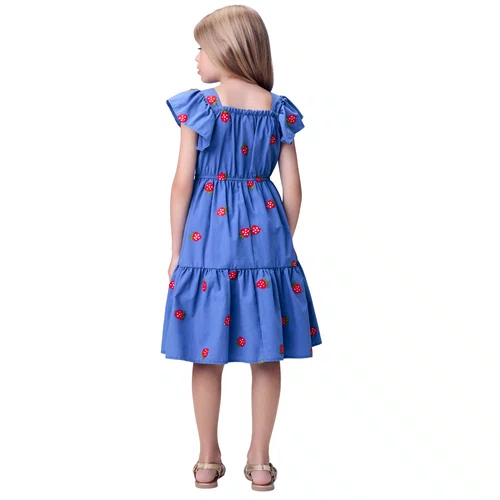 Vestido Bordado Morangos Azul Denin Momi