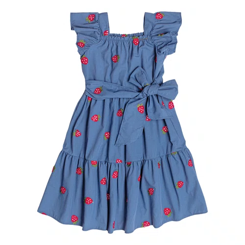 Vestido Bordado Morangos Azul Denin Momi
