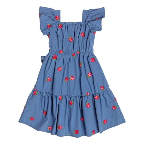 Vestido Bordado Morangos Azul Denin Momi