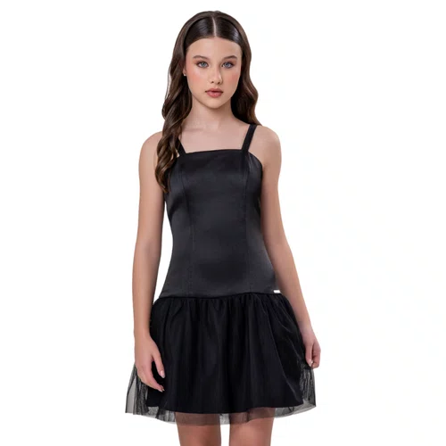 Vestido Com Saia Tule Alças Largas Preto Vanilla