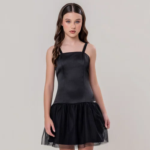Vestido Com Saia Tule Alças Largas Preto Vanilla