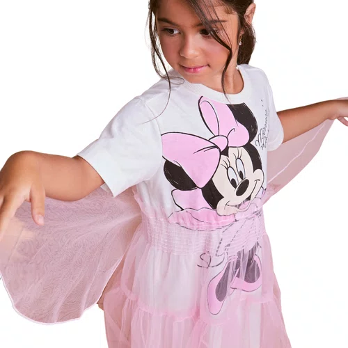 Vestido Disney Minnie Fada Rosa Fluido Anime