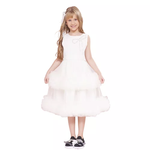 Vestido Festa Saia Tule Frufru Laço Bordado Off White Pituchinhus