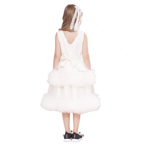 Vestido Festa Saia Tule Frufru Laço Bordado Off White Pituchinhus