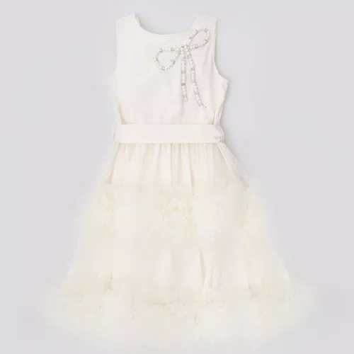 Vestido Festa Saia Tule Frufru Laço Bordado Off White Pituchinhus