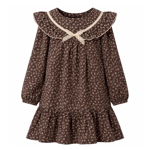 Vestido Florzinhas Café e Rendinhas Off Petit Cherie