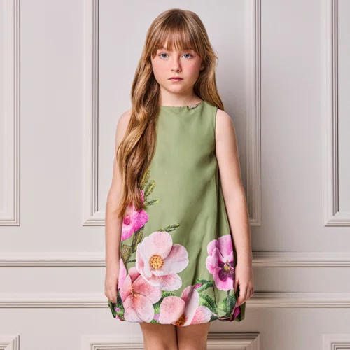 Vestido Infantil Tafetá Balone Oliva Flores Anime