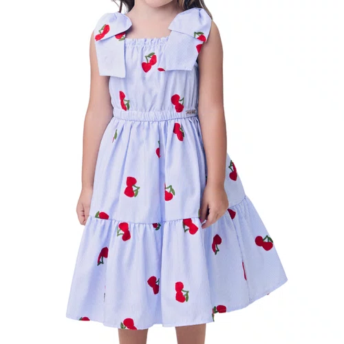 Vestido Listradinho Azul Bordado Cereja Momi