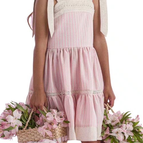 Vestido Listras Rosa e Bege Alça Amarração Petit Cherie
