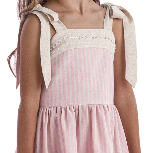 Vestido Listras Rosa e Bege Alça Amarração Petit Cherie