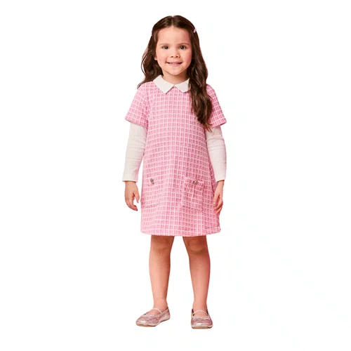 Vestido Manga Longa de Tweed Rosa com Gola Momi