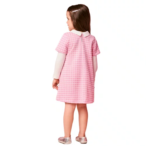 Vestido Manga Longa de Tweed Rosa com Gola Momi