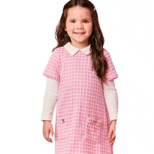 Vestido Manga Longa de Tweed Rosa com Gola Momi