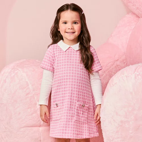 Vestido Manga Longa de Tweed Rosa com Gola Momi