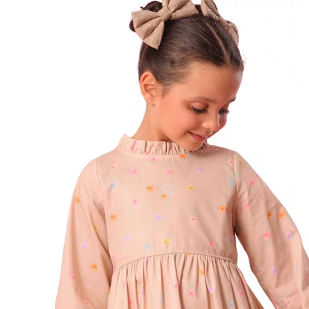 Vestido Midi Algodão Babadinho Floral Bege Pituchinhus